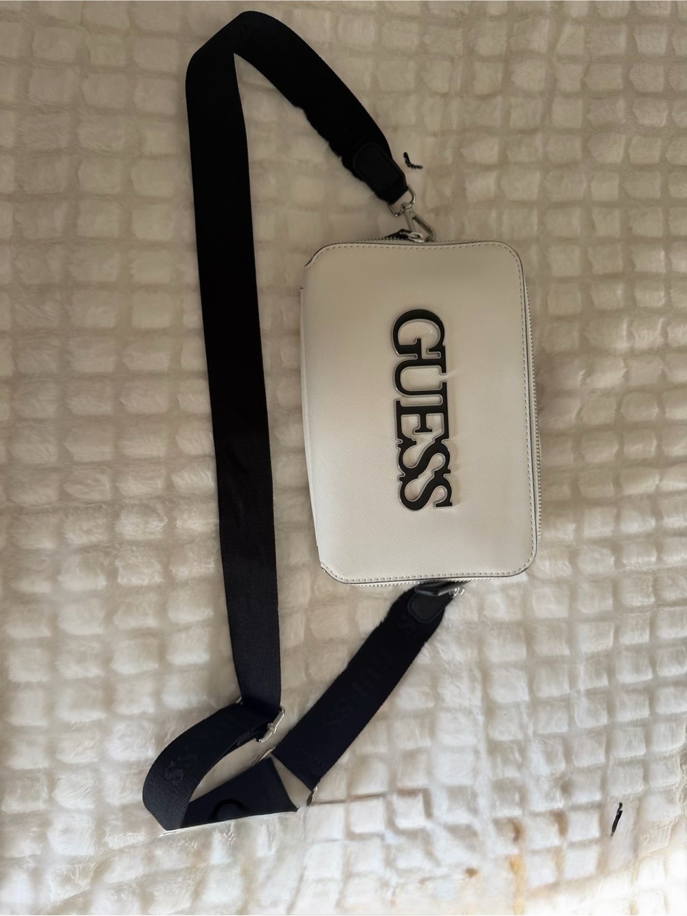 GUESS White Crossbody Belt Bag with Black Strap